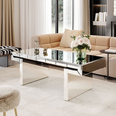 Kumasinova 47" Wide Luxury Silver Coffee Table with Fluted Tempered Glass Top,Modern MDF Sofa Side Table for Living Room,Decor Piece