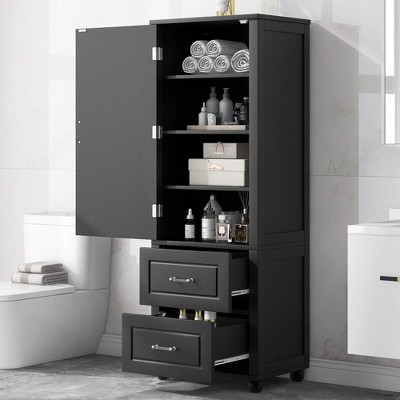 ORRD Tall Bathroom Storage Cabinet, Freestanding Storage Cabinet with Two Drawers and Adjustable Shelf, MDF Board with Painted Finish, Black