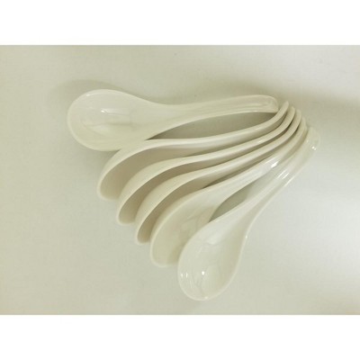 Jiallo Melamine Japanese Soup Spoon set of 6 White Serving Spoons for Ramen Pho Wonton Noodle Dumpling