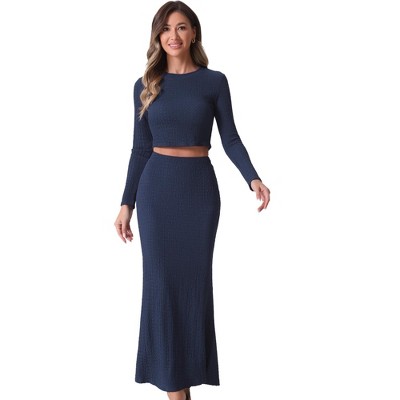 Allegra K Women's Long Sleeve Crop Top and High Waist Mermaid Maxi Skirt Knit Sets 2 Pcs