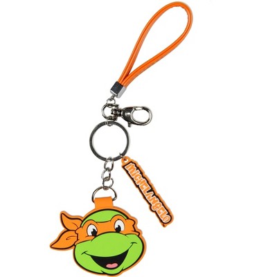 TMNT Michelangelo Rubber Character Design Air Tag Holder Keychain Wristlet with Lobster Clasp and 2"Rubber Michelangelo Pendant Multicolored