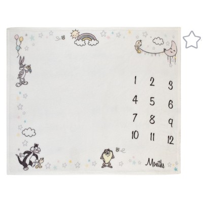Warner Brothers Looney Tunes Best Buds White with Pastel Blue, Pink, and Yellow Milestone Blanket