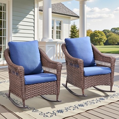 Patio Furniture Set 3 Pieces, Wicker Rocking Bistro Set with Thick Cushions, Outdoor Rocker Chairs and Coffee Table for Porch, Backyard or Garden