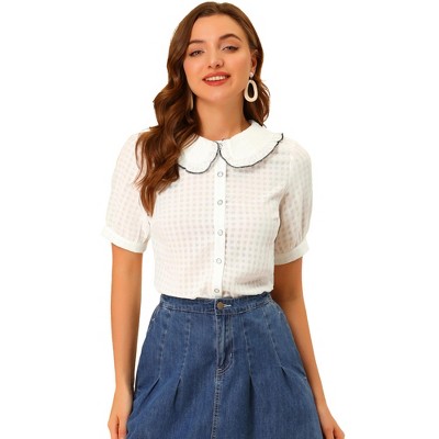 INSPIRE CHIC Women's Peter Pan Collar Contrast Color Trim Gingham Button Up Shirt