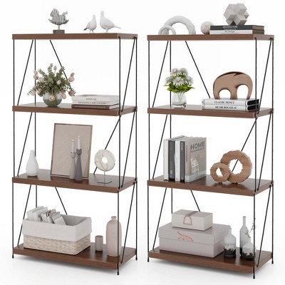 Costway 1/2 PCS 4-Tier Multipurpose Display Rack Freestanding Bookcase with Metal Frame Walnut