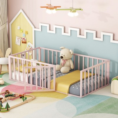 Racxily Twin Size Metal Floor Bed Frame with Fence and Door