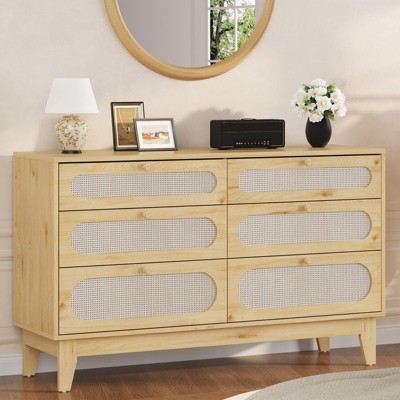 Rattan 6 Drawer Dresser for Bedroom with Anti-Tip Kits, Natural Modern Closet Dresser with Wooden Handles and Wooden Legs, Natural Oak