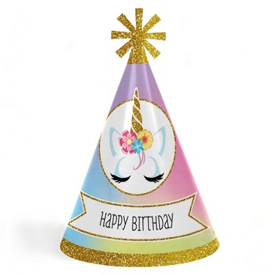 Big Dot of Happiness Rainbow Unicorn - Cone Magical Unicorn Happy Birthday Party Hats for Kids and Adults - Set of 8 (Standard Size)