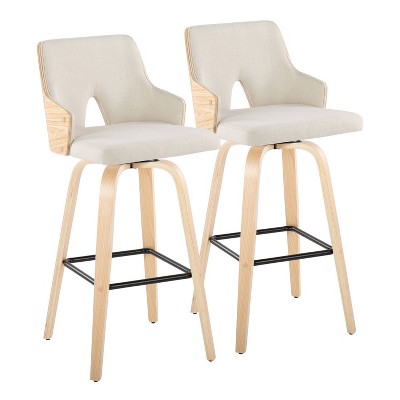 Set of 2 Stella Barstools Natural/Cream/Black: Fixed-Height, Wood Frame & Footrest - LumiSource