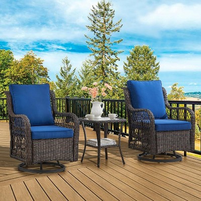Acekool 3-Piece Outdoor Swivel Rocker Chair Set, Wicker Patio Chairs with Cushions and Glass Top Side Table, Deck Balcony Garden Furniture