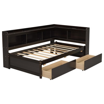 YOOCOZZ Twin Size L-shaped Bookcases Bed with Power Outlets, USB Charging Ports and Two Storage Drawers