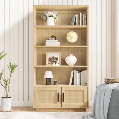 Boho Bookcase with Rattan Doors, 5 Tier Bookshelf, Wooden Bookcase and Bookshelf with Storage