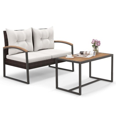 Tangkula Set of 2 Wicker Patio Furniture - Rattan Loveseat 2-Seater Small Couch w/Acacia Wood Coffee Table & Cushions Conversation Sofa Set