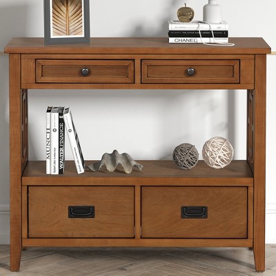 Grungis Farmhouse Pine Wood Console Table with Storage,Sideboard with 4 Drawers & 1 Storage Shelf for Entryway Living Room