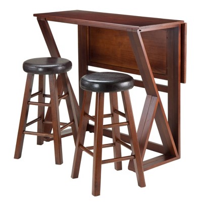 Winsome 3pc Harrington Drop Leaf Dining Table Wood/Walnut/Black: Scandinavian Style, Counter Height Set with 2 Stools