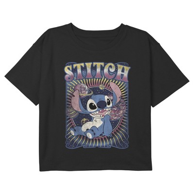 Girl's Lilo & Stitch Distressed Groovy Planets Stitch Graphic Graphic Cropped T-Shirt