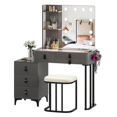Fredees Dressing Table: Mirror, Lights, Drawers, 2 Shelves, Bedroom Vanity Set with 10 Light Bulbs, Charging Station