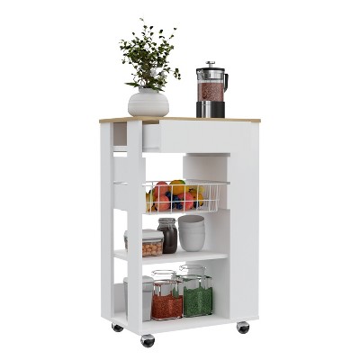 TiramisuBest Kitchen Island Kamkacht, One Cabinet, Four Open Shelves, Light Oak / White Finish with Light Oak for Kitchen Islands & Carts