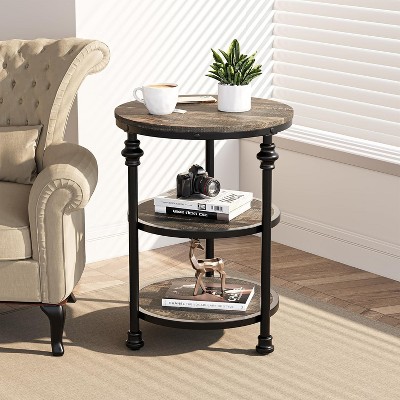 COZONY Round End Table with Storage Shelves, 3-Tier Rustic Farmhouse Side Table with Metal Legs, Accent Nightstand for Living Room Bedroom