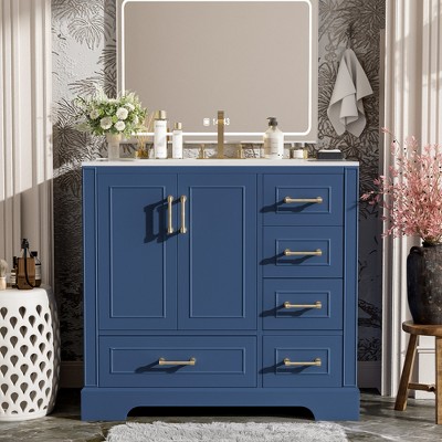 Whisen 36" Bathroom Storage Cabinet Bathroom Vanity with Resin Sink, Two Soft Close Doors and Four Drawers