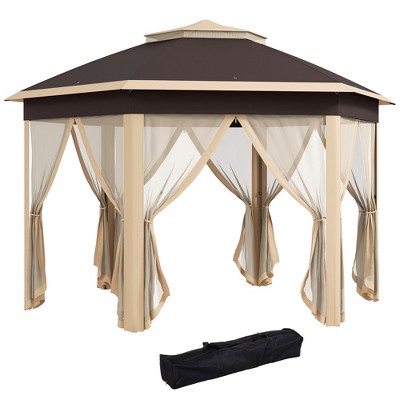 Outsunny 13' x 13' Pop Up Gazebo Hexagonal Canopy with 6 Zippered Mesh Netting, 2-Tier Roof Event Tent with Steel Frame for Patio Backyard