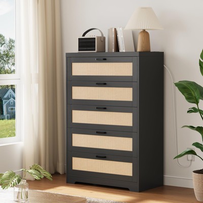 5 Drawer Dresser for Bedroom, Rattan Chest of Dressers, Modern Wood Tall Dresser with Power Outlets