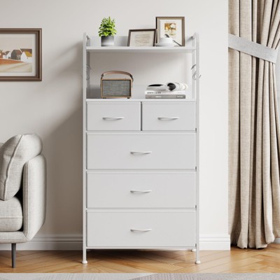 5 Drawer Dresser, Tall Dresser for Bedroom, Storage Organizer with Fabric Bins, Wood Top, Sturdy Steel Frame, Easy Pull Handle, Hallway, White