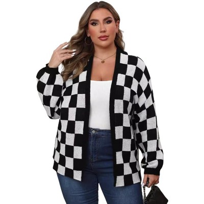 Coolmee Women's Long Sleeve Plus Size Sweater Checkered Cardigan Open Front Outerwear Tops