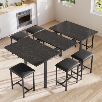 VECELO 7-Piece Dining Table Set with 6 Stools, 63" Expandable Kitchen Table with Metal Frame, Small Spaces, Black