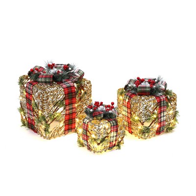LuxenHome 3-Piece Artificial Pine Branches Giftbox Holiday Decoration Set with Battery Operated Lights Gold