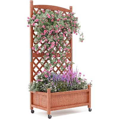 29.5"x13"x61.5" Elevated Wooden Garden Bed with Trellis, Wheels & Drainage, Ideal for Climbing Plants & Veggies, 2-Pack