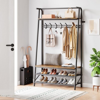 Whizmax Coat Rack, Hall Tree with Shoe Bench for Entryway, Entryway Bench with Coat Rack, Rustic Brown and Black