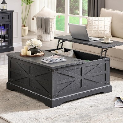 SinCiDo Farmhouse Lift Top Coffee Table, 36" Square Center Table w/Large Hidden Storage Compartment, Rustic Wood Living Room Dining Table