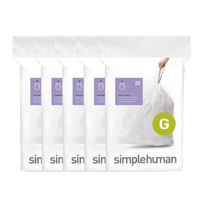 simplehuman 30L Code G Custom Fit Kitchen Trash Bag Liners 5 Quick-Dispense Packs - 100ct: 30 Liter Drawstring White Bags