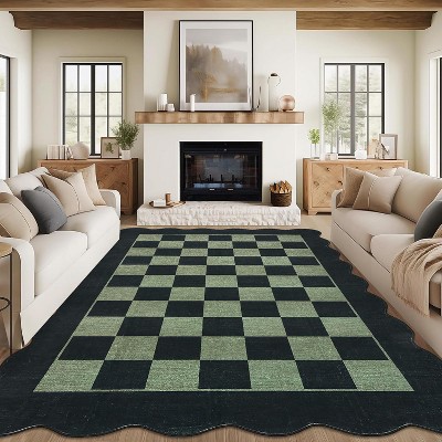 Checkered Rug Washable Rug for Living Room Non Slip Indoor Scalloped Printed Carpet Low Pile Neutral Rugs Soft Floor Cover for Bedroom Nursery