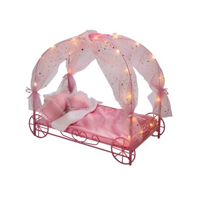 Badger Basket Royal Carriage Metal Doll Bed with Canopy Bedding and LED Lights - Pink/White/Stars: Doll Furniture for 16 to 18 Inch Toys