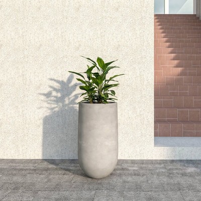 LeisureMod Topiary Cylinder Fiberstone Planter Pot with Drainage Holes, Weather-Resistant for Indoor/Outdoor Use