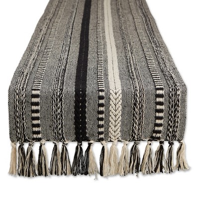 Design Imports  Braided Stripe Jacquard Fringe Table Runner, 15X72", Black