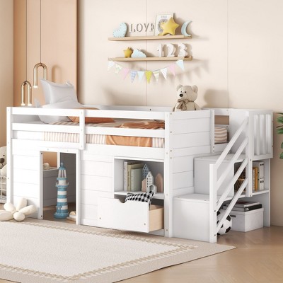 NicBex Twin Size Loft Bed with Stairs & Drawers,Profile Bunk Bed with Storage & Modern Design,Solid Wood Low Loft Bed for Kids,Teens