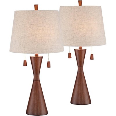 360 Lighting Omar Modern Modern Mid Century Table Lamps 28 3/4" Tall Set of 2 Brown Wood Oatmeal Tapered Drum Shade for Bedroom Living Room Bedside