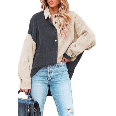 Women's Corduroy Contrast Collar Long Sleeve Button Down Shirt Blouse