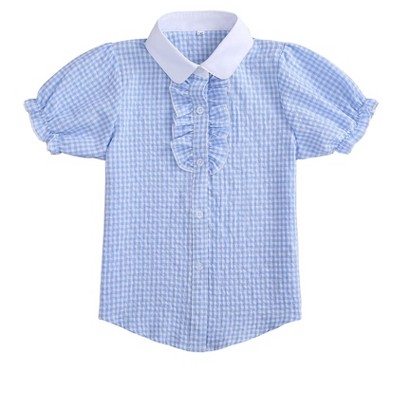 Girls Ruffle Button Down Shirts Short Sleeve School Tops Plaid Blouse 4-13Y