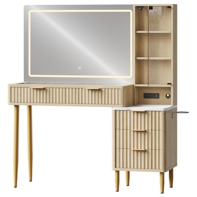 Particle Board LED Dressing Table with Wave Pattern, Durable MDF, Modern Design, Built-In LED Lighting, Spacious Storage