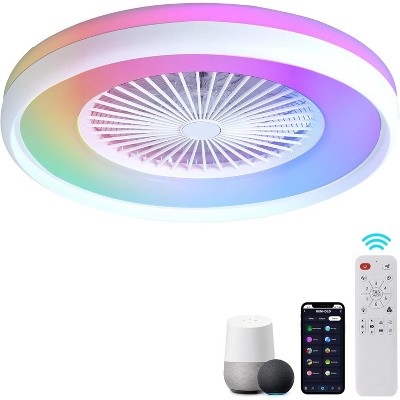HUMHOLD 24" Bladeless Ceiling Fan with RGB Light Remote, Smart LED Ceiling Fans with Voice/App Control, Modern Low Profile Lighted Ceiling Fan, White
