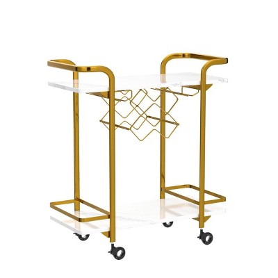 ZACHVO Deluxe Gold Bar Cart with Glass Holders & 5 Bottle Racks, 2-Tier Modern Marbled Wood Cart on Silent Wheels, for Kitchen & Dining Room