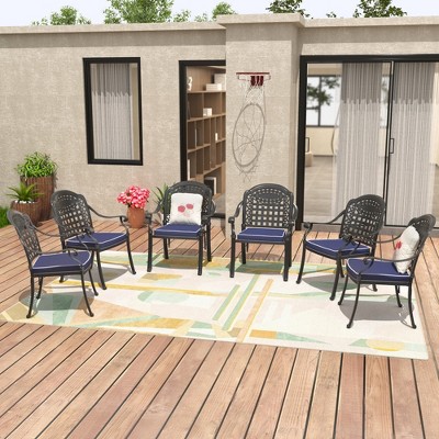 Cast Aluminum Patio Stacking Armchair With Black Frame And Cushions In Blue Colors