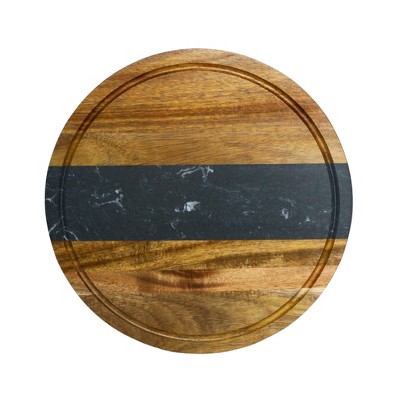 Slickblue Marble & Acacia Wood Round Board, 11” - White/Black Stripe Design for Charcuterie & Prep