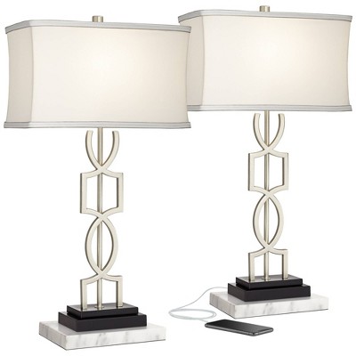 360 Lighting Evan Modern Table Lamps Set of 2 with White Risers 28 1/2" Tall Brushed Nickel with USB Charging Port White Shade for Bedroom Living Room
