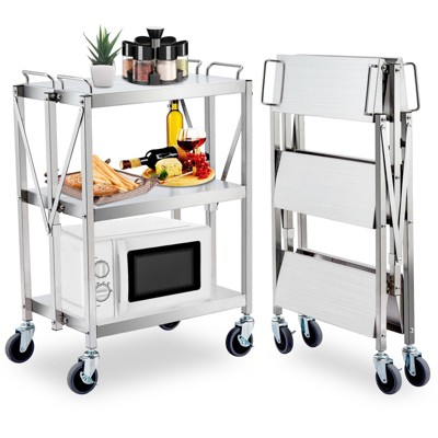 Folding Utility Cart, Stainless Steel Collapsible Service Cart 133 Lbs Large Loading per Shelf, Sturdy 3-Tier Rolling Cart with Wheels Lockable