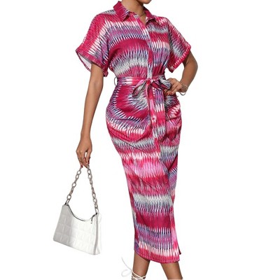 Women Summer Casual Dress Short Sleeve Lapel Neck Button Front Striped Midi Dresses T Shirt Dress with Belt